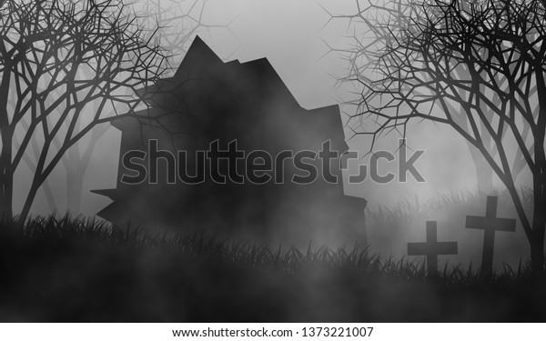 怖い夜イラストハロウィーンのコンセプトデザイン背景に不気味な森の中に 墓地にあるお化け屋敷 のイラスト素材