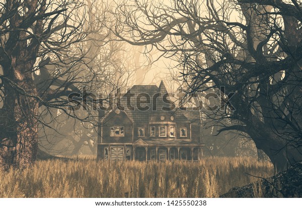 不気味な森の中のお化け屋敷のシーン 3dイラスト のイラスト素材