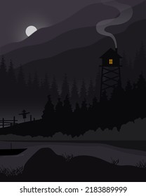 Haunted Landscape, Wooden Watch Tower, Hills And Moonlight