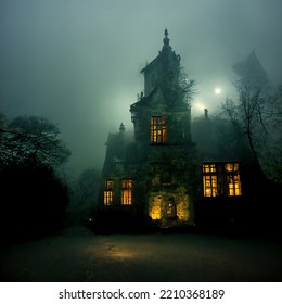 Haunted Manor In Fog At Night. 3D Illustration.