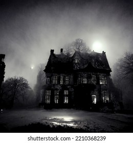 Haunted Manor In Fog At Night. 3D Illustration.