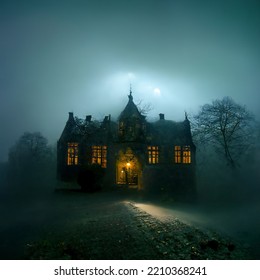 Haunted Manor In Fog At Night. 3D Illustration.