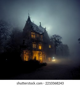 Haunted Manor In Fog At Night. 3D Illustration.