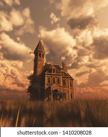 Haunted Manor In Grass Field,3d Rendering
