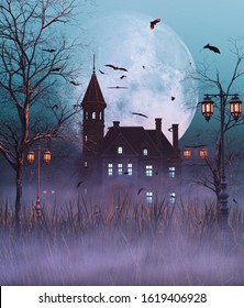 Haunted Manor Scene For Halloween,3d Rendering