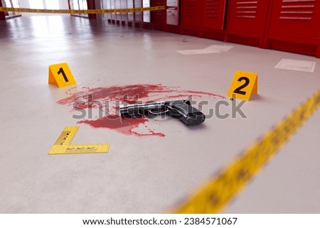 A haunting 3D rendering of an abandoned weapon in a school hallway. It's in a pool of blood, surrounded by police markers and tape, evidence of a gruesome school shooting.