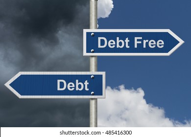 Having Debt versus being Debt Free, Two Blue Road Sign with text Debt Free and Debt with sky background, 3D Illustration
