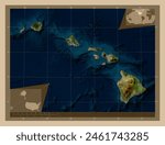 Hawaii, state of United States of America. Low resolution satellite map. Locations of major cities of the region. Corner auxiliary location maps