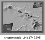 Hawaii, state of United States of America. Bilevel elevation map with lakes and rivers. Locations of major cities of the region. Corner auxiliary location maps