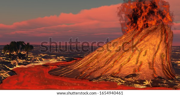 Hawaii Volcano 3d illustration - Plumes of smoke belch\
from the mouth of a newly formed volcano causing a huge eruption on\
the Hawaii island.\
