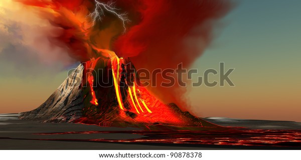 Hawaii Volcano - The Kilauea volcano erupts on\
the island of Hawaii with plumes of fire and smoke. Rivers of lava\
head to the ocean making new\
land.