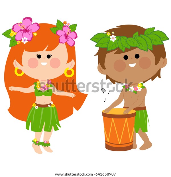 Hawaiian Children Playing Music Drum Hula Stock Illustration 641658907