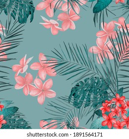Hawaiian Floral Seamless Pattern With Watercolor Tropical Leaves And Flowers. Exotic Plumeria And Heliconia. Tropical Summer Print.