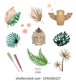 Hawaiian Party Frame For Text. Totems And Tropical Plants, Flowers Watercolor Illustration