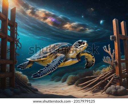 The hawk-beak sea turtle swims among the corrals. Oil paintingThe hawk-beak sea turtle swims among the corrals. Oil painting