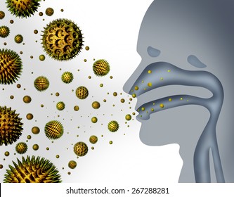 Hay Fever And Pollen Allergies Medical Allergy Concept As A Microscopic Organic Pollination Particles Flying In The Air With A Human Breathing Diagram As A Health Care Symbol Of Seasonal Illness.