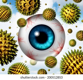 Hay Fever And Pollen Allergy Concept As A Group Of Microscopic Organic Pollination Particles In The Air With An Itchy And Watery Human Eye Ball With Red Veins As Health Care Seasonal Allergies Icon.