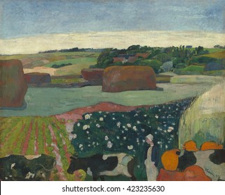 Haystacks in Brittany, by Paul Gauguin, 1890, French Post-Impressionist painting, oil on canvas. With forms simplified, abstracted to their essence, this stylized painting of Le Pouldu, Brittany, is