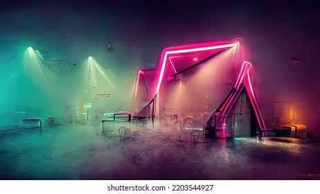 Haze Of Neon Pink Lights And Green Lights.
Smoky, Smokey, No One In The Studio.
A Live Music Venue Where The Music Begins. Rock Band, Steampunk Background.
Sci-fi, Cyberpunk, Clubhouse In The Style Of