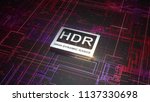 HDR high dynamic range symbol on abstract electronic circuit board. Television technology concept, ultra high definition sign on digital background with many lines and geometric elements. 3d rendering