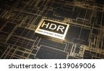 HDR high dynamic range symbol on abstract electronic circuit board. Television technology concept, ultra high definition sign on digital background with many lines and geometric elements. 3d rendering