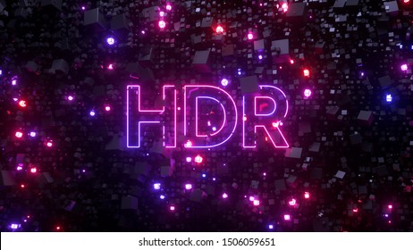 HDR high dynamic range television technology concept. Abstract bright creative background. Neon glowing lights, millions of fluorescent particles. Modern colorful illumination design. 3d rendering