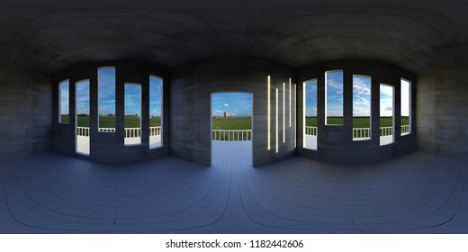 HDRI environment map, abstract spherical panorama background, empty apartment with panoramic view (3d equirectangular render)