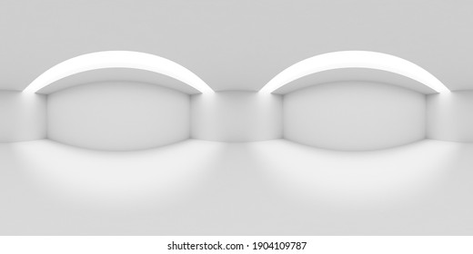 HDRI environment map of abstract white empty room with white walls, floor and ceiling and with lights in ceiling, white colorless 360 degrees spherical panorama background, 3d illustration