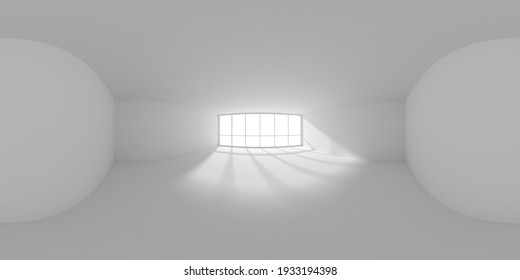 HDRI Environment Map Of Empty White Business Office Room With Empty Space And Sunlight From Large Window, White Colorless 360 Degrees Spherical Panorama Background 3d Illustration