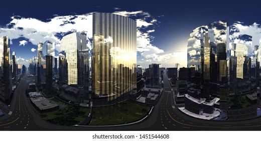 HDRI, environment map , Round panorama, spherical panorama, equidistant projection, panorama 360, Modern city at sunrise, 3d rendering