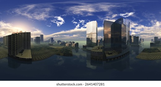 HDRI, environment map, Round panorama, spherical panorama, equidistant projection, city above water
3D rendering