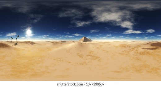 Hdri, Environment Map, Spherical Panorama, Panorama 360, Pyramids In The Sandy Desert With Palm Trees
3D Rendering