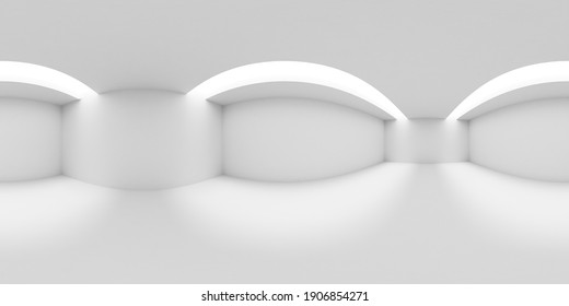 HDRI environment map of white abstract empty room with white walls, floor and ceiling and with lights in ceiling, white colorless 360 degrees spherical panorama background, 3d illustration