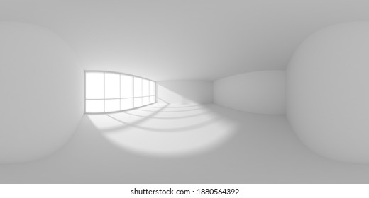 HDRI environment map of white empty business office room with empty space and sun light from large window, white colorless 360 degrees spherical panorama background 3d illustration