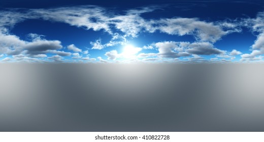 HDRI High Resolution Map, Environment Map, Round Panorama, Spherical Panorama, Equidistant Projection Of The Sun In The Clouds Above The Earth, 3D Rendering