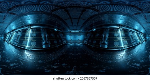 HDRI Panoramic View Of Dark Blue Spaceship Interior. High Resolution 360 Degrees Panorama Reflection Mapping Of A Futuristic Spacecraft Room 3D Rendering