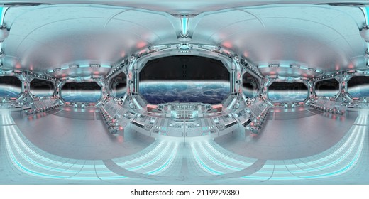 HDRI Panoramic View Of White Blue Spaceship Interior With Windows. High Resolution 360 Degrees Panorama Reflection Mapping Of A Futuristic Spacecraft Room 3D Rendering