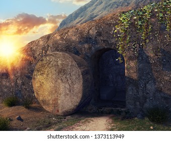 He is Risen. Crucifixion at Sunrise. The Tomb Of Jesus. Outside view on Tomb. 3D illustration