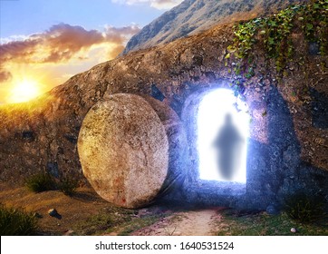 He is Risen. Crucifixion at Sunrise. The Tomb Of Jesus. The silhouette of the savior Jesus. Outside view on Tomb. 3D illustration. Mixed media.