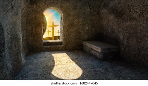 He Risen Empty Tomb Crucifixion Sunrise Stock Illustration 1682449045