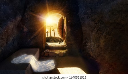 He is Risen. Empty tomb of Jesus with Shroud. Crucifixion of savior Jesus at Sunrise. -3d rendering. - Illustration. Mixed media.
