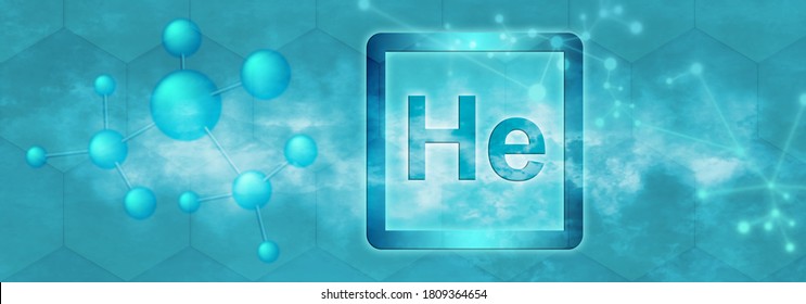 He Symbol. Helium Chemical Element With Molecule And Network On Blue Background