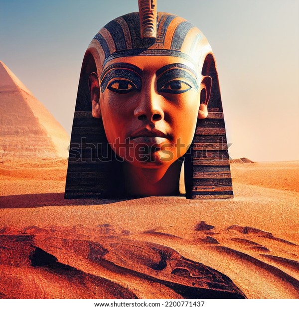 The head of an ancient egyptian sculpture\
of Pharaoh in the sands of the desert. Expressive classical\
sculpture of ancient Egypt. Template for poster, CD cover. 3D\
rendering. Digital 3D illustration.\
