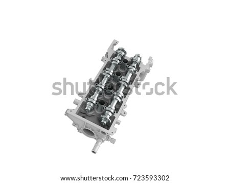 The head of the block of cylinders is disassembled perspective 3d render on a white background no shadow