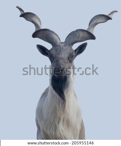 The head and body of a markhor male. Majestic goat on blue sky background. Wild animal alpinist with awful screw horns. Wild beauty of the great buck. Amazing illustration in oil painting style. Foto stock © 