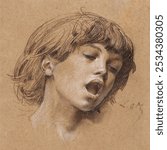 Head of a Boy Singing (1898) drawing in high resolution by Luc-Olivier Merson. Boy kid portrait illustration. Vintage boy child art drawing illustration, old painting art print of young child boy.