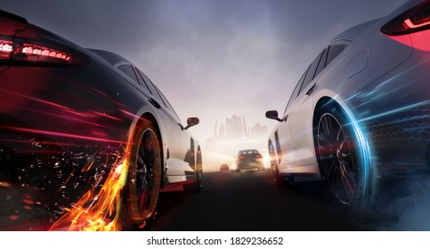 Head to head car racing, moving towards city - street race concept (non-existent car design, full generic sedan) - 3d illustration, 3d render