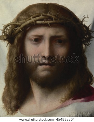Head of Christ, by Correggio, c.1525-30, Italian Renaissance painting, oil on panel. This idealized head of Christ, is a painting of 'Veronica's veil'. According to legend, during the Passion of Chri Stock photo © 