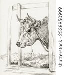 Head of a cow (1820) by Jean Bernard (1775-1883). Black and white cow cattle farm animal sketch. Vintage cow cattle art drawing illustration, old painting art print of cow farm animal.