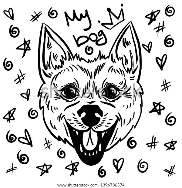 犬の頭 白黒の犬 コルギまたはシバ 犬 のイラスト素材